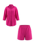 Women Summer Turn-Down Collar Shirt & Shorts Set