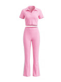 Women Casual Summer Polo-Collar Short-Sleeve Top & Pant Set