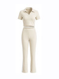 Women Casual Summer Polo-Collar Short-Sleeve Top & Pant Set