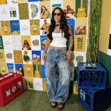 Women Distressed Denim Pants with Oil-Stain Effect