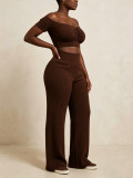 Women Ribbed Off-Shoulder Pleated Crop Top & Wide-Leg Pants Set