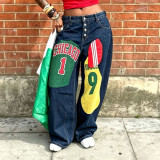 Women Jersey-Style Patch Prints Denim Pants