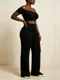 Women Ribbed Off-Shoulder Pleated Crop Top & Wide-Leg Pants Set