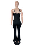 Women Sexy Spaghetti-Strap Backless Mesh Patchwork Bell-Bottom Jumpsuit