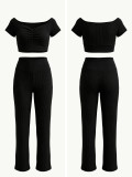 Women Ribbed Off-Shoulder Pleated Crop Top & Wide-Leg Pants Set