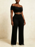 Women Ribbed Off-Shoulder Pleated Crop Top & Wide-Leg Pants Set