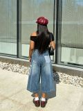 Women Puppy Embroidery and Plaid Patchwork Cropped Denim Pants
