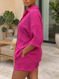 Women Summer Turn-Down Collar Shirt & Shorts Set