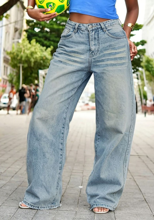 Women Patchwork Denim Pants with Frayed-Edge Webbing Detail