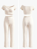 Women Ribbed Off-Shoulder Pleated Crop Top & Wide-Leg Pants Set
