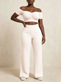 Women Ribbed Off-Shoulder Pleated Crop Top & Wide-Leg Pants Set