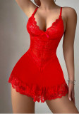 Women Red Lace Mesh Dress with Thong Sexy Lingerie