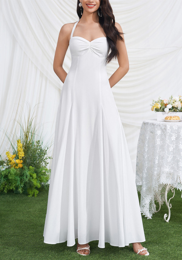Women Summer Halter-Neck Lace-Up Sexy Backless Ruched Maxi Dress