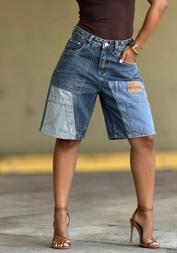 Women Asymmetric Patchwork Denim Shorts