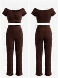 Women Ribbed Off-Shoulder Pleated Crop Top & Wide-Leg Pants Set