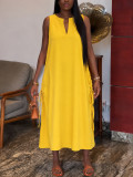 Women Elegant Casual Sleeveless V-Neck Side-Drawstring Dress