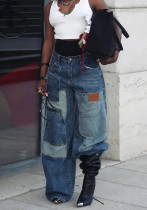 Women Asymmetric Patchwork Denim Pants with Patch Pockets Women Asymmetric Patchwork Denim Pants with Patch Pockets