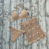 Women Crochet Shell Bikini & Skirt Beach Swimwear 3-Piece Set