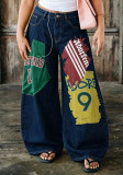 Women Barrel-Leg Denim Pants with Jersey-Style Patches and Graffiti Print