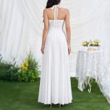 Women Summer Halter-Neck Lace-Up Sexy Backless Ruched Maxi Dress