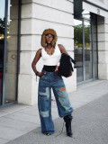 Women Asymmetric Patchwork Denim Pants with Patch Pockets