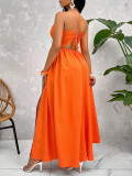 Women Elegant Summer Holiday Halter-Neck Backless Cut-Out Slit Maxi Dress