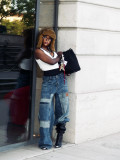 Women Asymmetric Patchwork Denim Pants with Patch Pockets