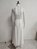 Women Summer Halter-Neck Lace-Up Sexy Backless Ruched Maxi Dress