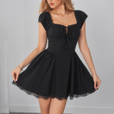 Women Summer Lace Patchwork Cut-Out Lace-Up Dress