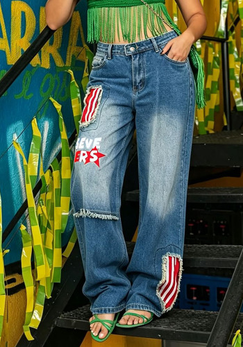 Women Washed Denim Pants with Letter Patches and Raw Edges