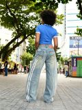 Women Patchwork Denim Pants with Frayed-Edge Webbing Detail