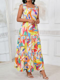 Women Sexy Off-Shoulder Lace-Up Casual Printed Dress