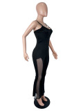 Women Sexy Spaghetti-Strap Backless Mesh Patchwork Bell-Bottom Jumpsuit