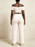 Women Ribbed Off-Shoulder Pleated Crop Top & Wide-Leg Pants Set