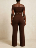 Women Ribbed Off-Shoulder Pleated Crop Top & Wide-Leg Pants Set