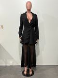 Women's Deep V Slim Waist Blazer & See-Through Mesh Mermaid Gown Two-Piece Set