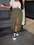 Women's Casual Cargo Pocket Split Midi Skirt