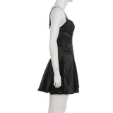 Women's Elegant Chic Satin Lace Patchwork Strap Dress Sexy Mini Dress