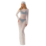 Women's Spring/Summer Fashion Sexy See-Through Polka Dot Print Mesh Headband Long Sleeve Dress