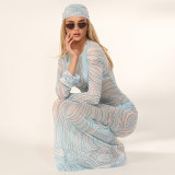 Women's Spring/Summer Fashion Sexy See-Through Polka Dot Print Mesh Headband Long Sleeve Dress