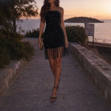 Women's Summer Sequin Fringe Strapless Bodycon Party Mini Dress