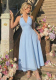 Women's Summer Sexy Halter Neck V-Neck Floral Decoration Slim Waist Low Back Long Dress