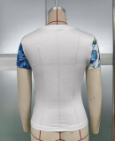 Women's Blue Floral Colorblock Print Slim Fit Round Neck Crop Top