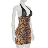 Women's Sexy Leopard Print Halter Neck Lace-Up Bodycon Slim Fit Dress