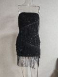 Women's Summer Sequin Fringe Strapless Bodycon Party Mini Dress