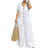 Women's Spring Casual V-Neck Button Loose Wide Leg Jumpsuit