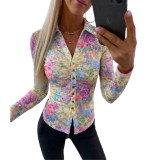 Women's Floral Print V-Neck Button Slim Fit Long Sleeve Pleated See-Through Mesh Blouse