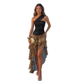 Women's Summer Beach Holidays Leopard Patchwork One-Shoulder Slim Waist Irregular Dress