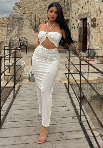 Women's Summer Sexy Halter Neck Cut-Out Low Back Chic High Slit Dress