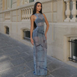 Women's Fashion Semi Sheer Slim Waist Bodycon Round Neck Long Dress